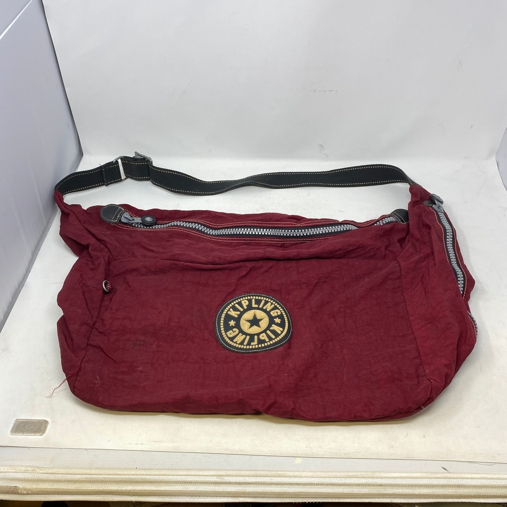 Kipling Messenger Bag Burgundy Crinkle Nylon Crossbody Large Star Logo Y2K
